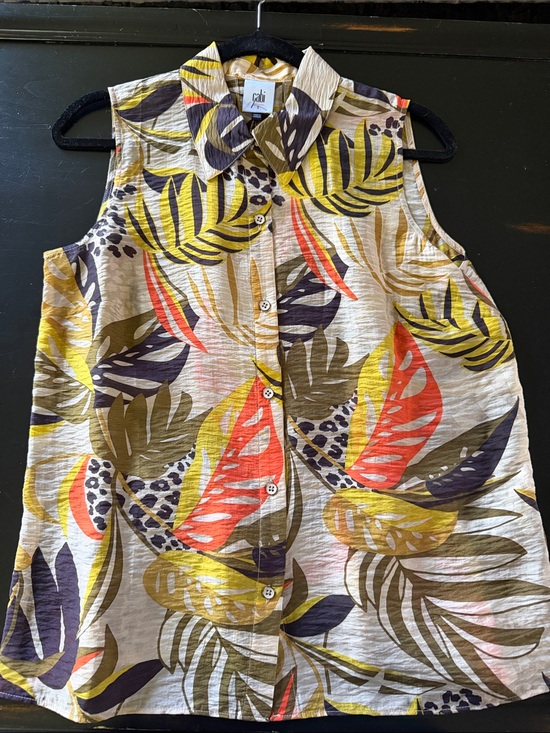 CAbi Tops - CAbi Sleeveless Tropical Button-Front Top, Olive,orange, brown, mustard #6601